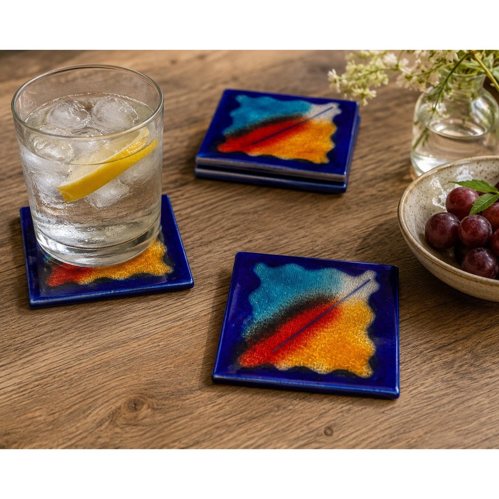 Vintage Studio Art Glass Coasters Set of 5 Blue Abstract Handmade Fused Glass